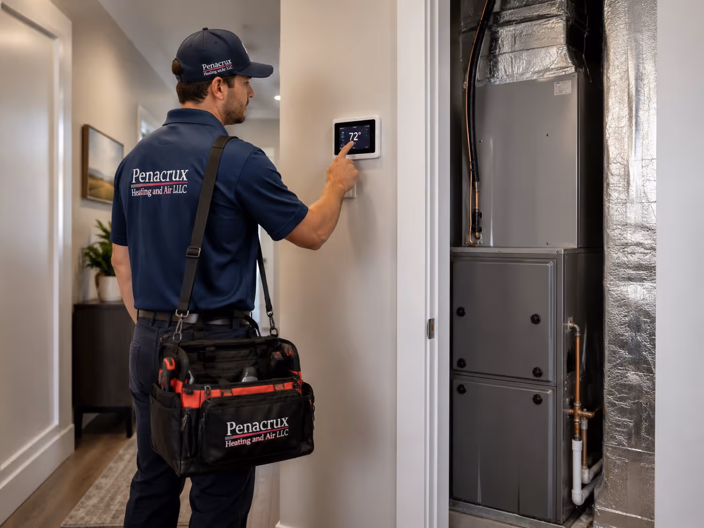 HVAC technician working on an outdoor unit with tools and a white hard hat on the unit.