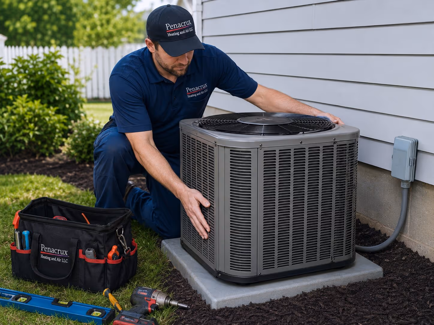Technician in Penacrux uniform installing or inspecting outdoor air conditioning unit by a house wall.