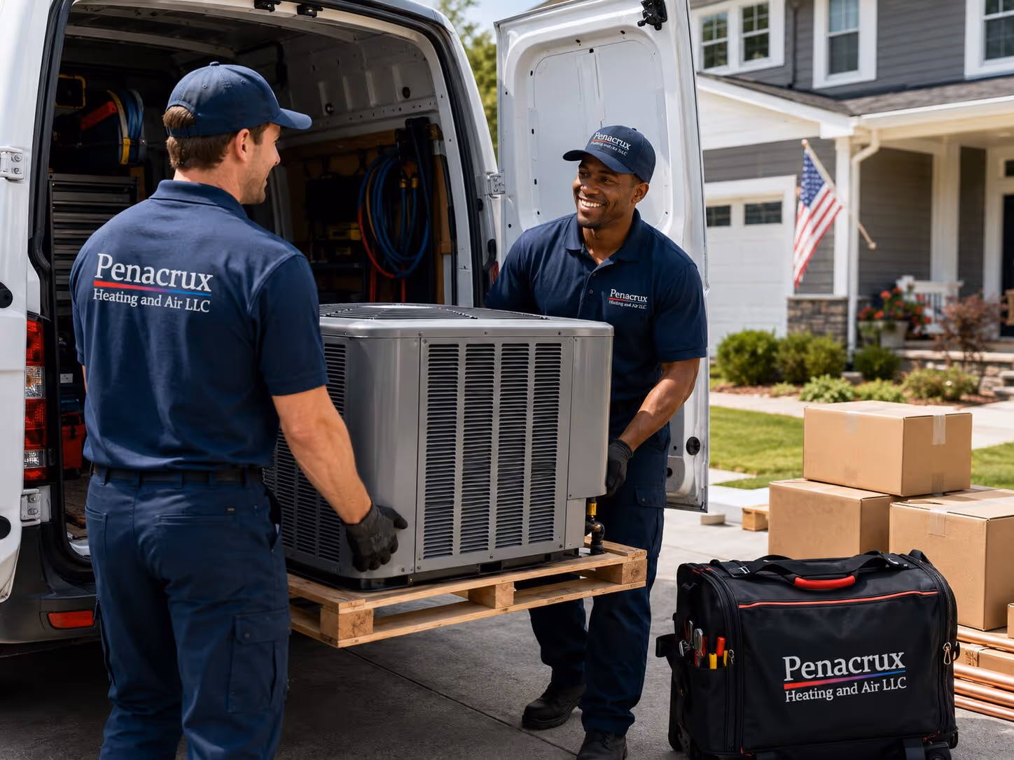 Technician in blue shirt kneeling to repair a Carrier HVAC unit outside a white house.