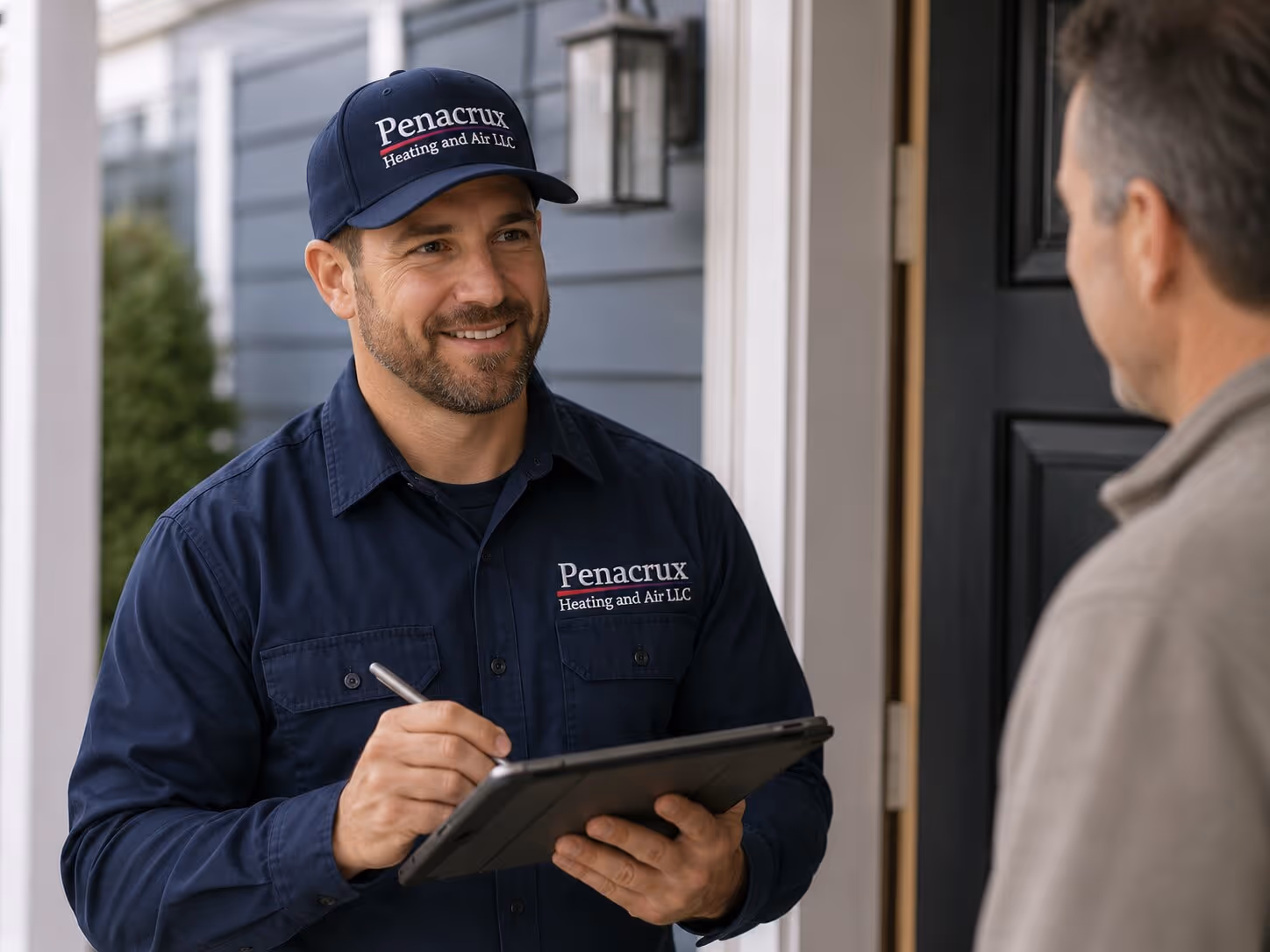 Technician in Penacrux uniform kneeling and servicing a residential air conditioning unit outdoors.
