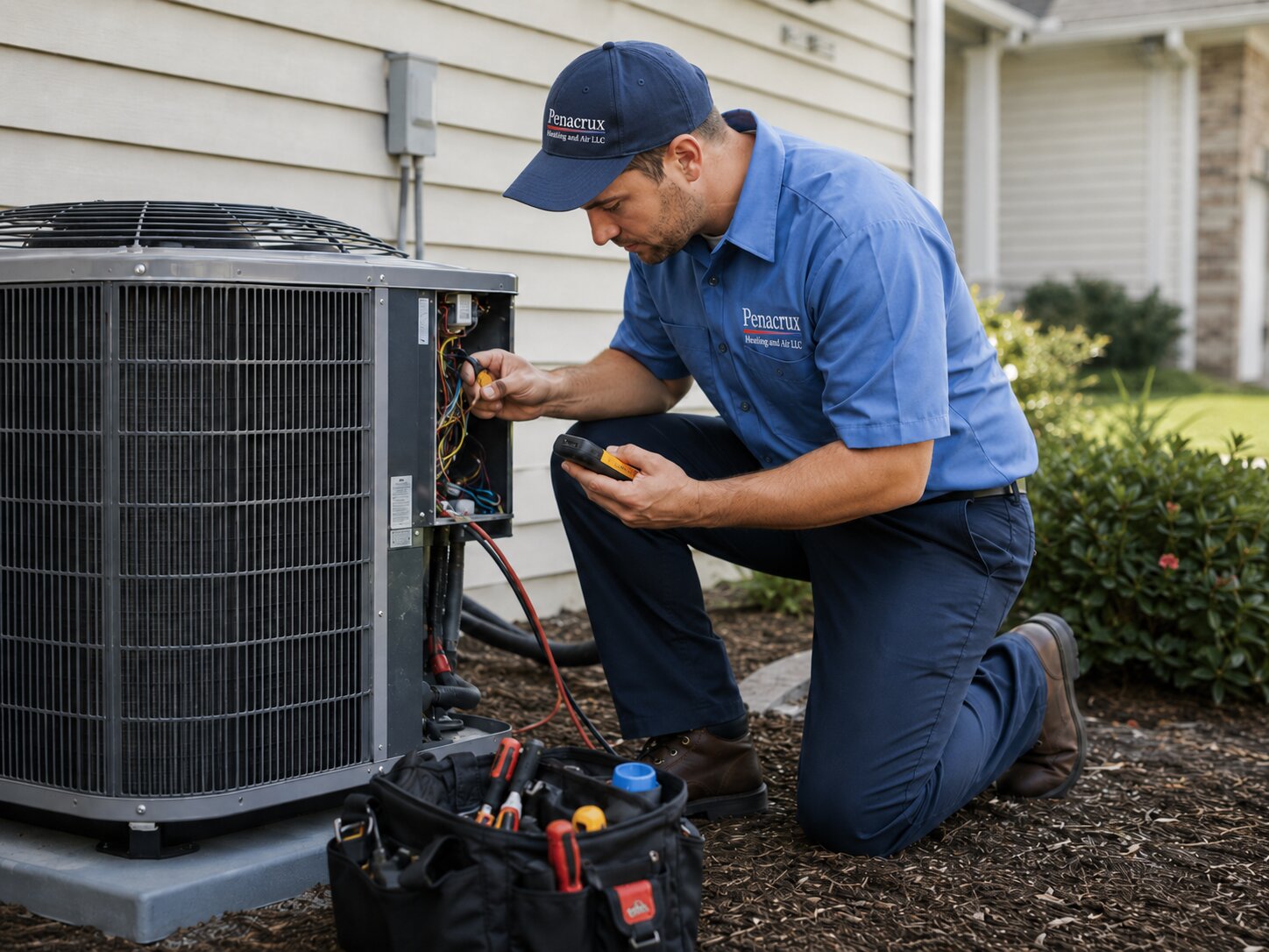 Technician in blue uniform servicing outdoor HVAC unit with tools in a garden bed.